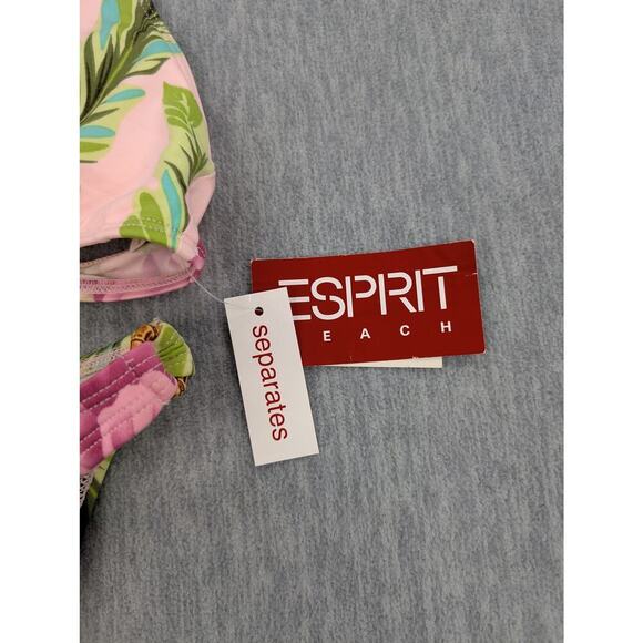 Vintage Esprit Bikini Womens Small Pink Green Leaf Floral Halter Top Bottom Y2K - Picture 10 of 14